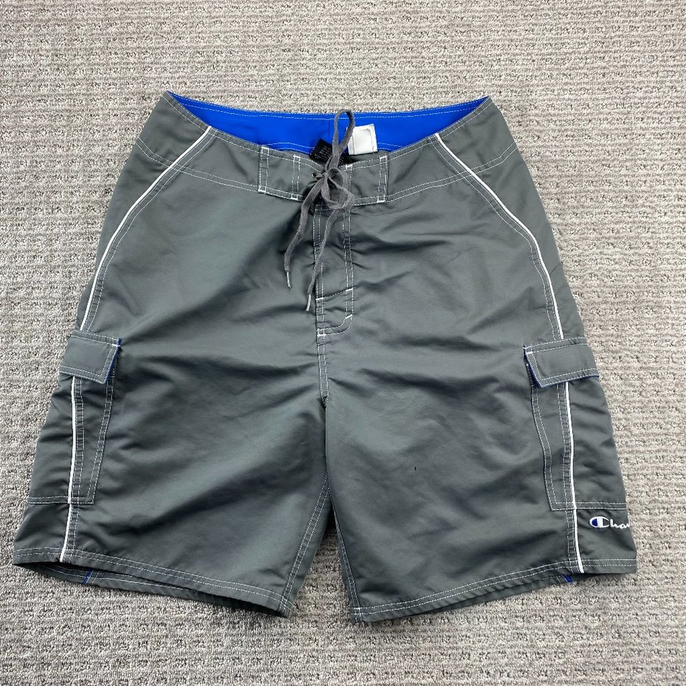 Champion Swim Trunks Men Medium M Gray Blue Bathing Suit Board Shorts Embroider